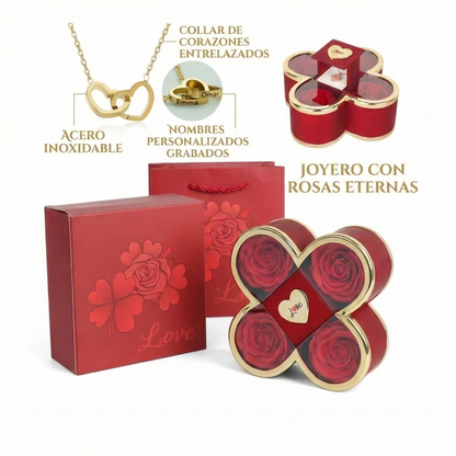 Rosas Eternas y Collar de Corazones Personalizado