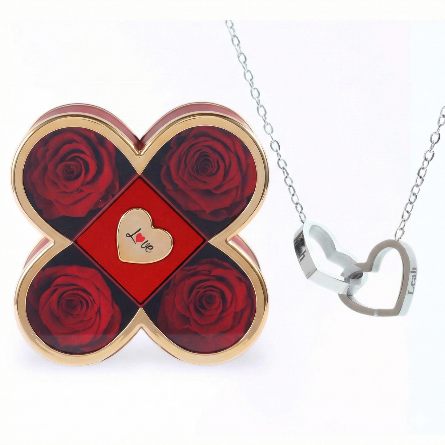 Rosas Eternas y Collar de Corazones Personalizado